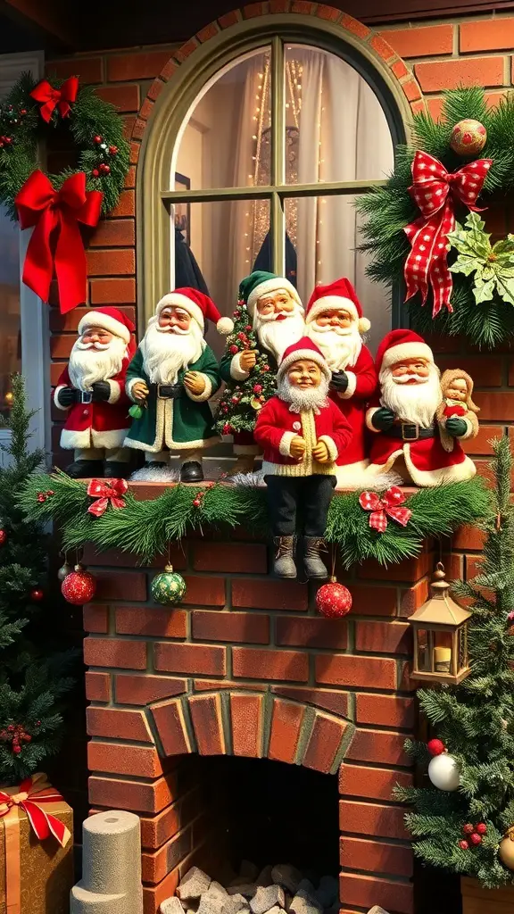 A collection of whimsical Santa figurines on a chimney, surrounded by festive decorations.