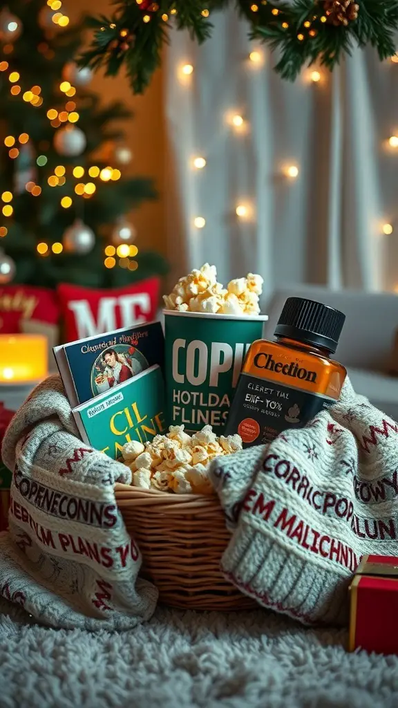 A cozy movie night package with popcorn, books, and a warm blanket, set against a festive background.