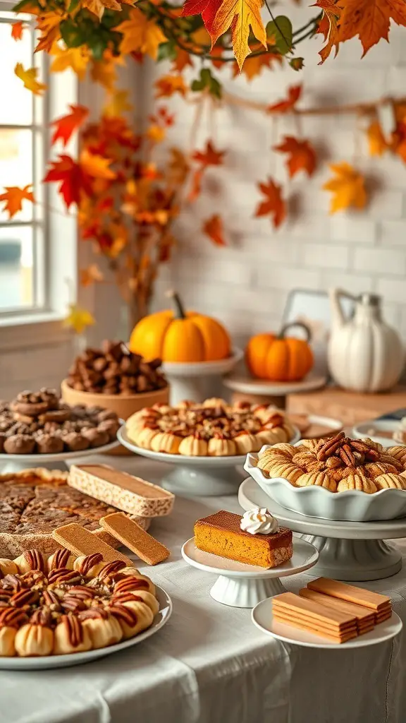 A beautifully arranged dessert bar with seasonal treats, including pies, cookies, and decorative autumn elements.