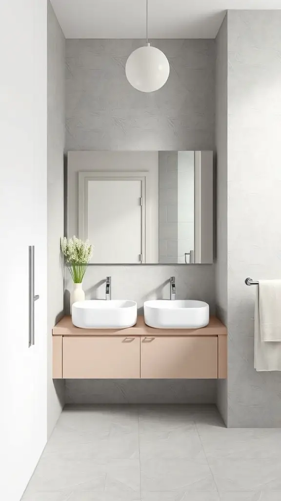 23+ Stylish Bathroom Double Sink Ideas to Enhance Your Space 7 A modern minimalist bathroom featuring a double sink setup with a floating peach vanity, white sinks, and a neutral color palette.