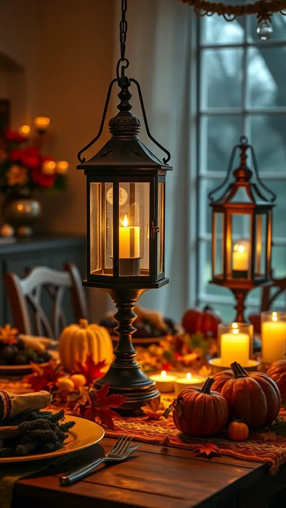 Antique lanterns illuminating a Thanksgiving table with pumpkins and candles.