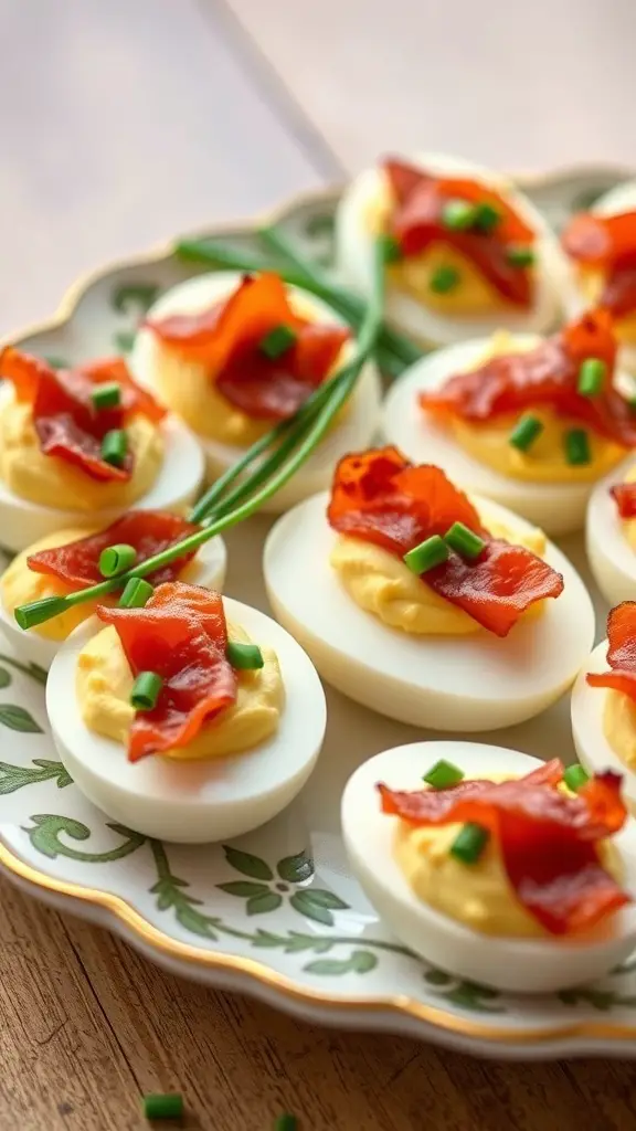 29+ Delicious Thanksgiving Appetizers to Impress Your Guests 5 A platter of deviled eggs topped with bacon and chives