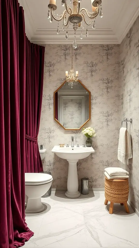 29+ Stunning Powder Room Ideas to Elevate Your Space 5 A luxurious powder room featuring burgundy curtains, a stylish mirror, and elegant chandelier.