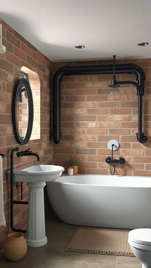 21+ Timeless Bathroom Ideas You’ll Love 7 Chic industrial bathroom with exposed brick wall, black pipes, freestanding bathtub, and minimalist sink.
