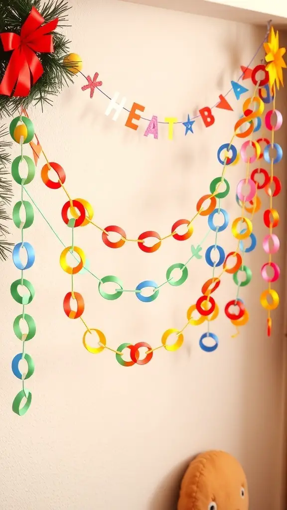 Colorful paper chain garland hanging on a wall with a festive bow and decorations