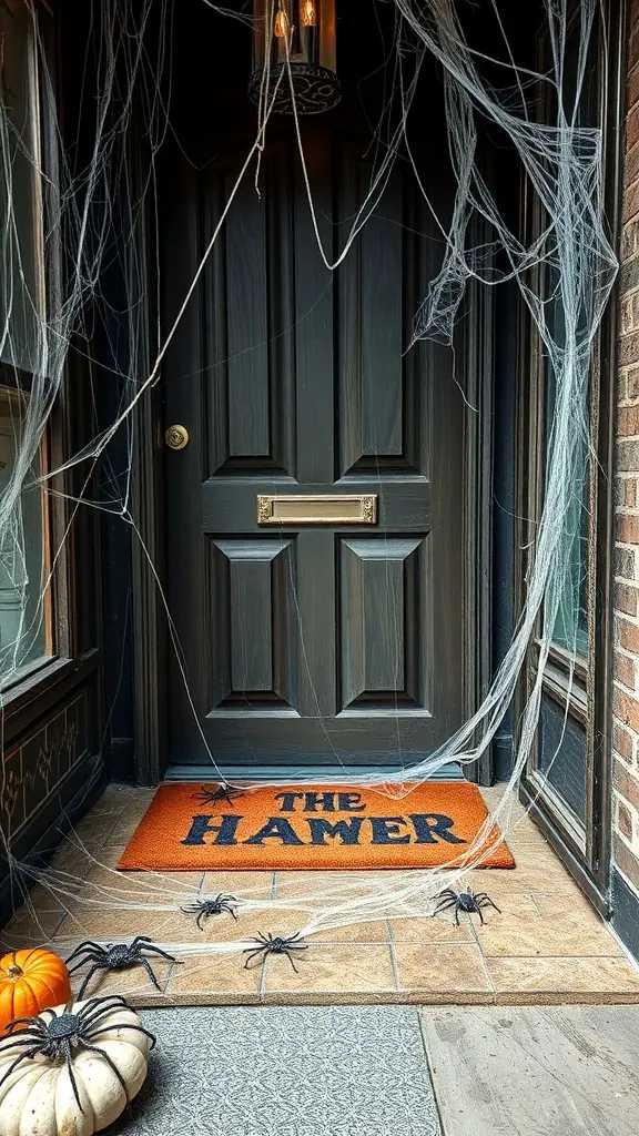 A Halloween-themed welcome mat with the text 'THE HAMER', surrounded by fake spiders, cobwebs, and a pumpkin.
