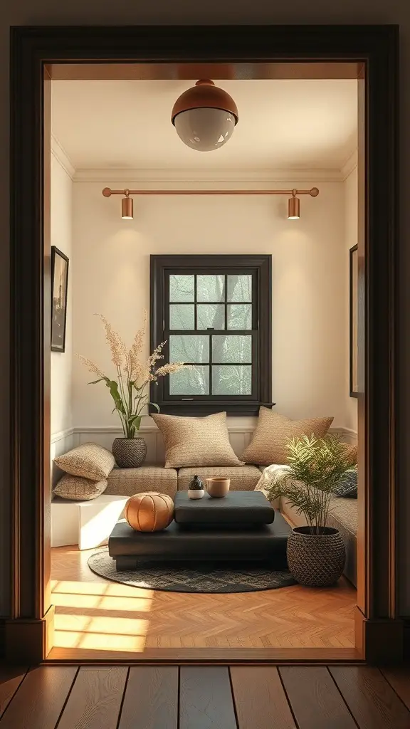 A cozy room with light walls and dark trim, featuring a comfortable seating area and warm lighting.