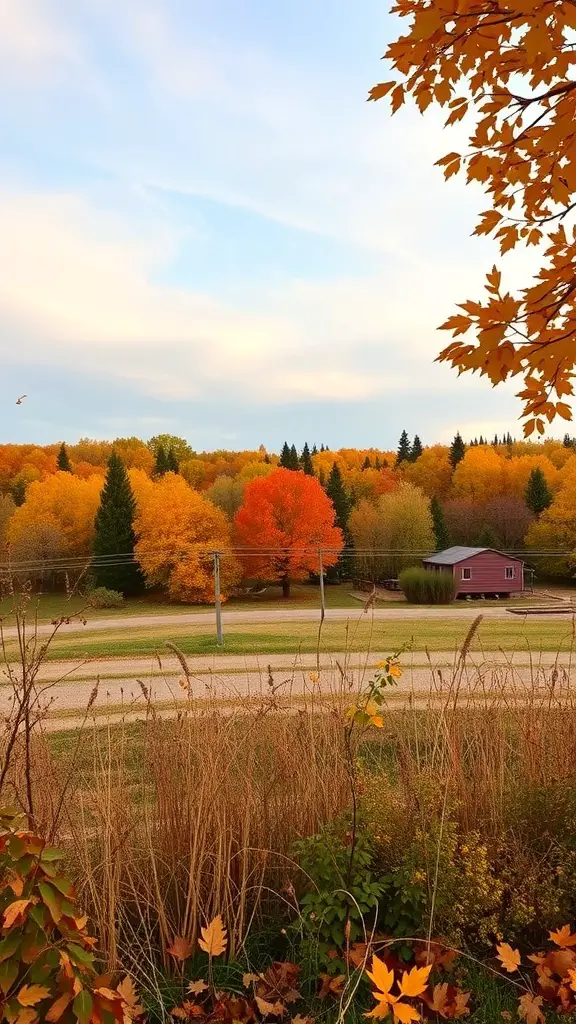 A beautiful autumn landscape with colorful trees and a cozy house.