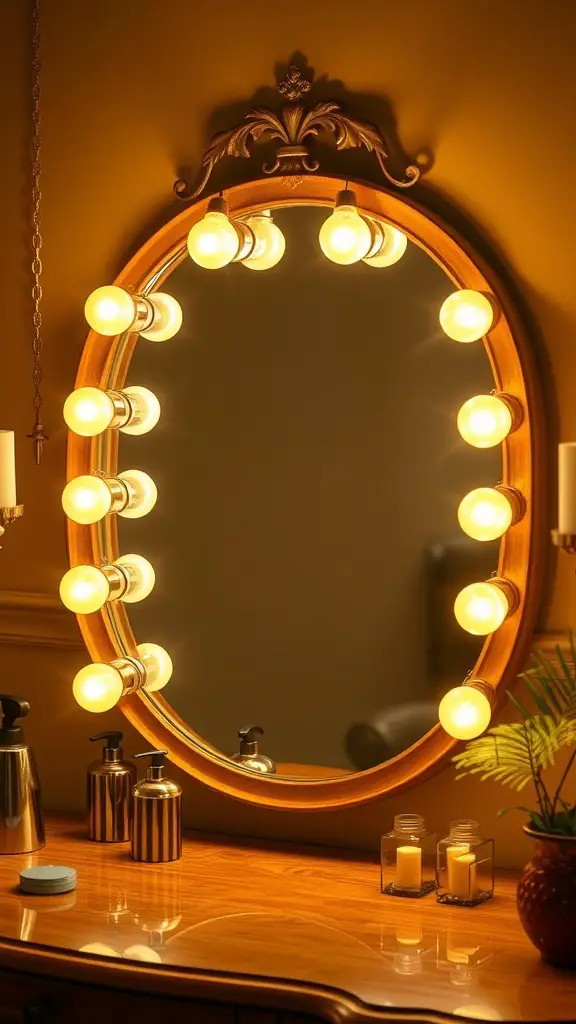 27+ Stylish Vanity Mirror Ideas to Elevate Your Space 3 Vintage Hollywood glam mirror with bright bulbs and wooden frame