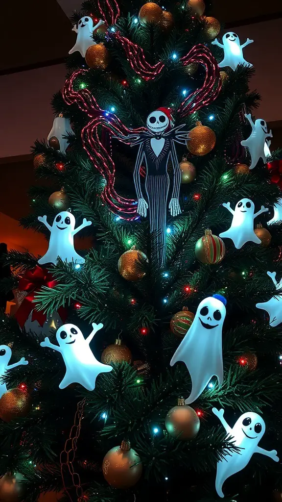 25+ Creative Nightmare Before Christmas Tree Ideas for Holiday Magic 5 A Christmas tree decorated with light-up ghost accents and a Jack Skellington figure.