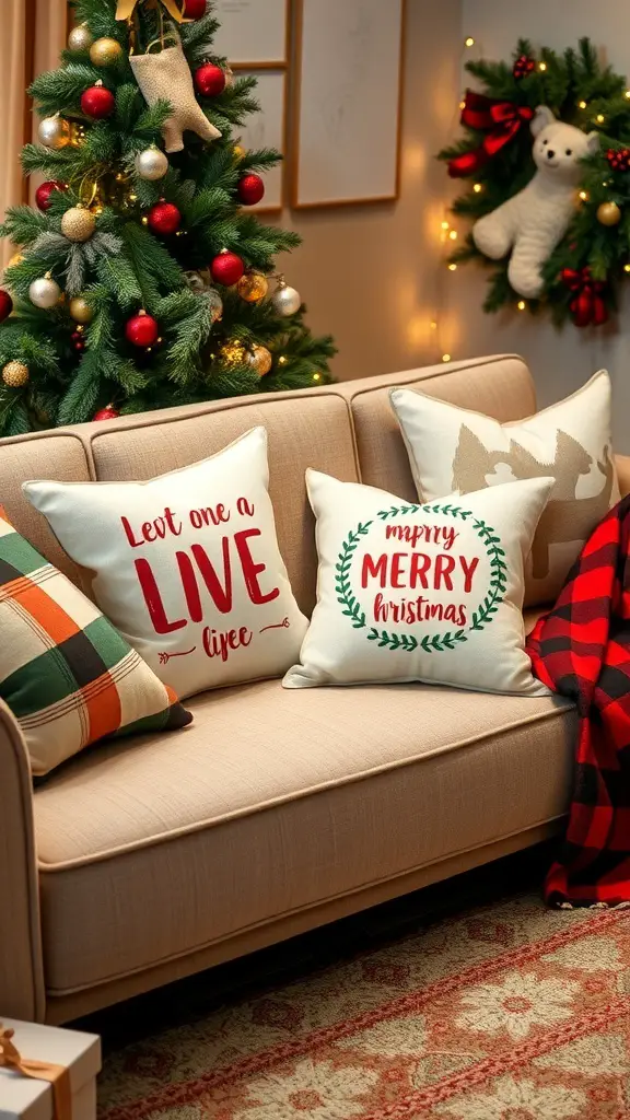 29+ Creative Sewing Projects for Handmade Christmas Gifts 3 Cozy couch with festive throw pillows and a Christmas tree in the background