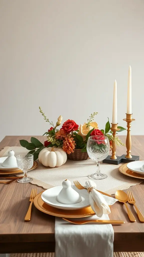 Thanksgiving table setting with gold accents, white dishes, crystal glassware, and autumn flowers
