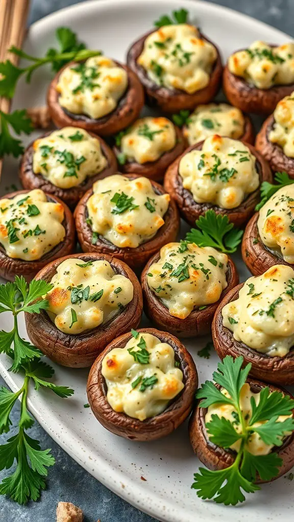 31+ Delightful Christmas Eve Food Ideas for a Festive Celebration 4 A platter of savory stuffed mushrooms topped with creamy filling and herbs.