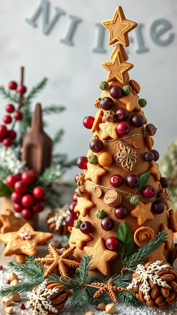 A gingerbread Christmas tree decorated with fruits and nuts, featuring star-shaped cookies on top.