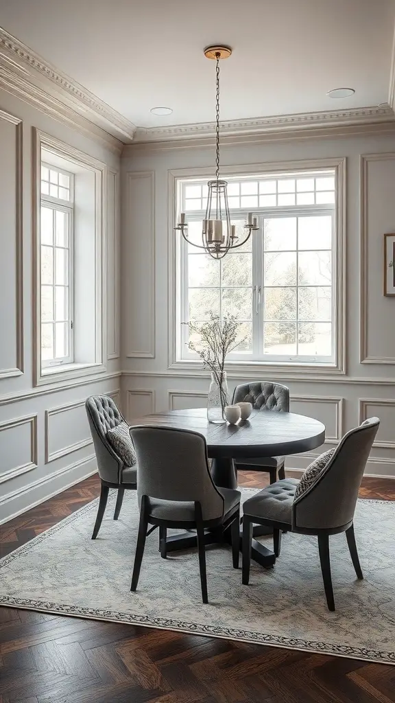 25+ Stylish Wall Trim Ideas to Enhance Your Home Decor 6 A dining area with shadow box trim, featuring a round table and elegant chairs.