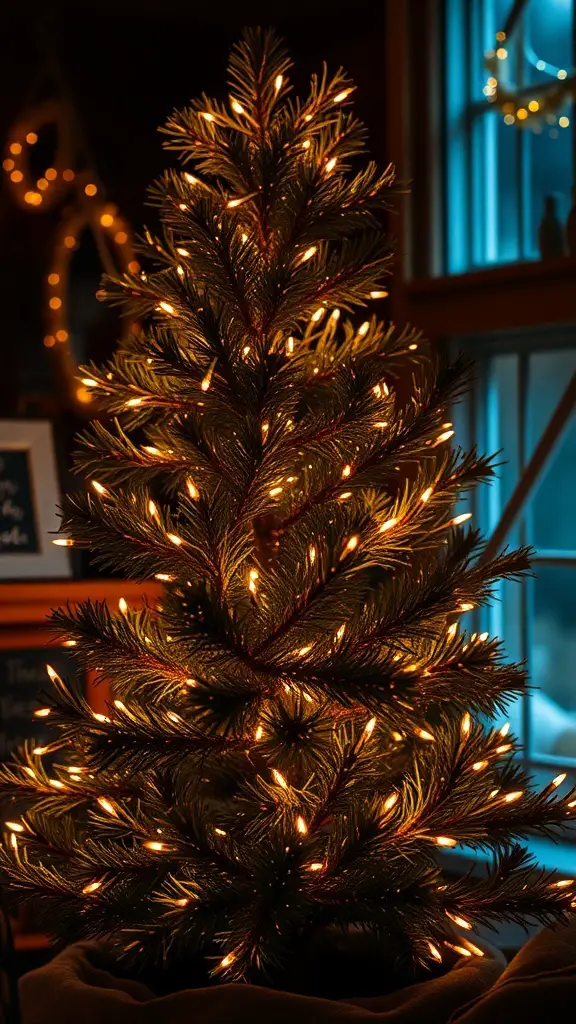 A rustic Christmas tree adorned with twinkling fairy lights, creating a warm and inviting atmosphere.