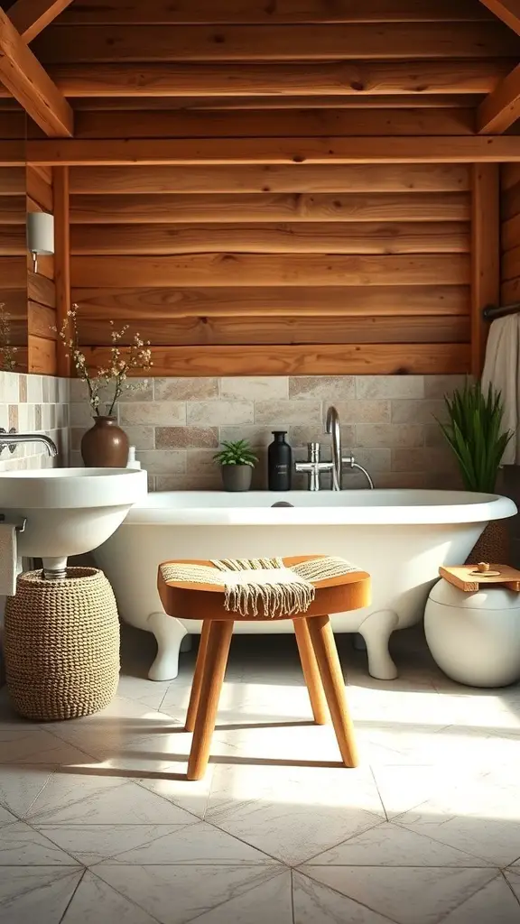 27+ Chic Bathroom Stool Styling Ideas to Elevate Your Space 14 Artisan handcrafted bathroom stool in a wooden bathroom setting
