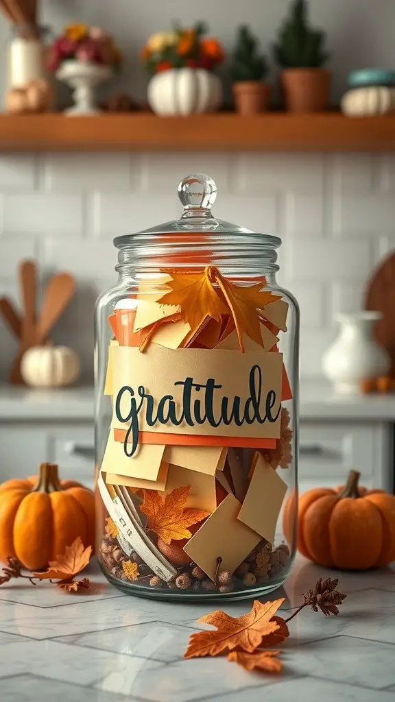 25+ Creative Thanksgiving Crafts for Adults 4 A glass jar filled with colorful notes and autumn leaves, labeled 'gratitude', surrounded by small pumpkins.