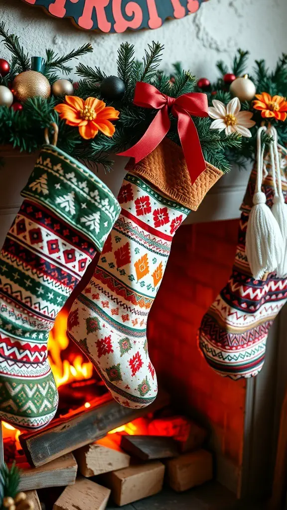 Colorful boho stockings with unique patterns hanging above a fireplace, decorated with flowers and ornaments.