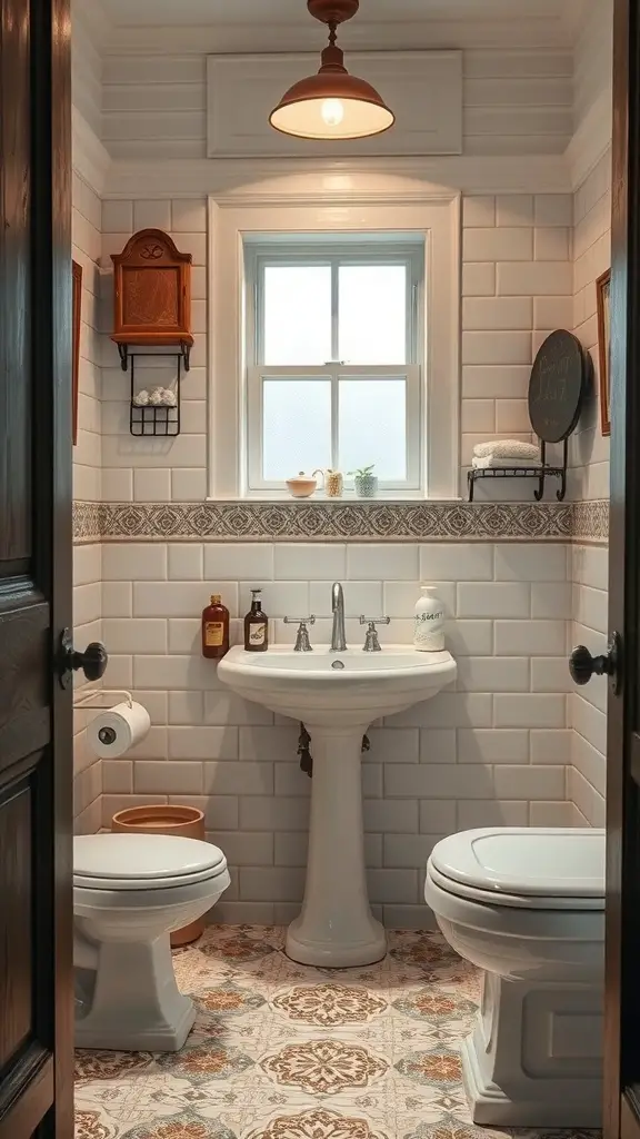 A cozy bathroom featuring vintage patterned floor tiles and classic white wall tiles.