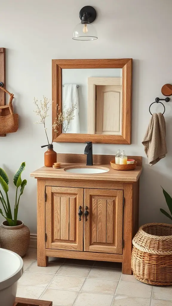 A rustic wooden corner vanity with a black faucet, surrounded by plants and decorative items.