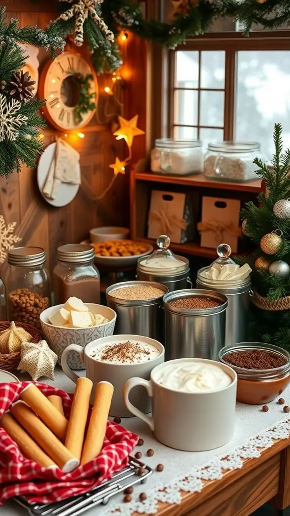 27+ Creative Christmas Party Ideas for Adults 4 A beautifully arranged gourmet hot chocolate bar with various toppings and decorations.