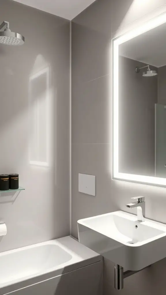 29+ Stylish Lighting Ideas to Transform Your Bathroom 13 A modern bathroom featuring a backlit mirror above a sink with a sleek design.
