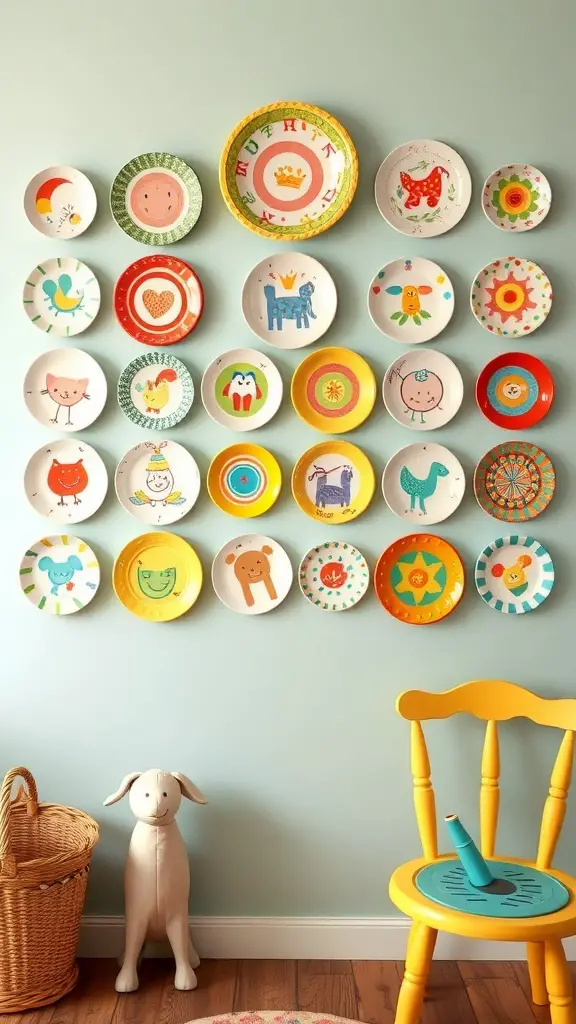 29+ Creative Ideas for a Stunning Plate Wall Display 16 Colorful kids' plate wall display with various playful designs