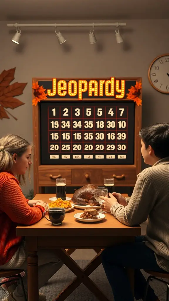 A cozy Thanksgiving Jeopardy setup with two players at a table enjoying a meal while playing the game.