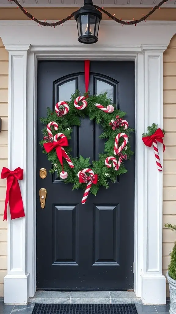 25+ Festive Christmas Swags Ideas for Your Front Door 5 A front door decorated with a candy cane swag wreath and red bows.