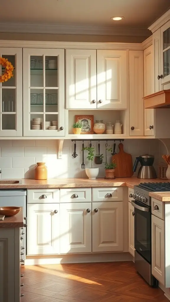 25+ Stunning Antique White Kitchen Cabinets for Timeless Style 7 A cozy kitchen featuring antique white cabinets, wooden countertops, and decorative items.