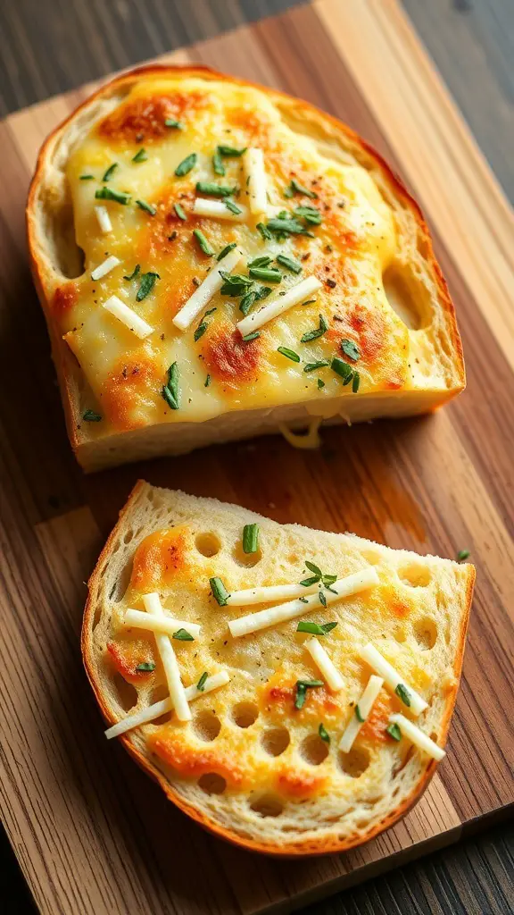 25+ Delicious Thanksgiving Dinner Ideas You Need to Try 16 A slice of cheesy garlic bread topped with herbs on a wooden cutting board.
