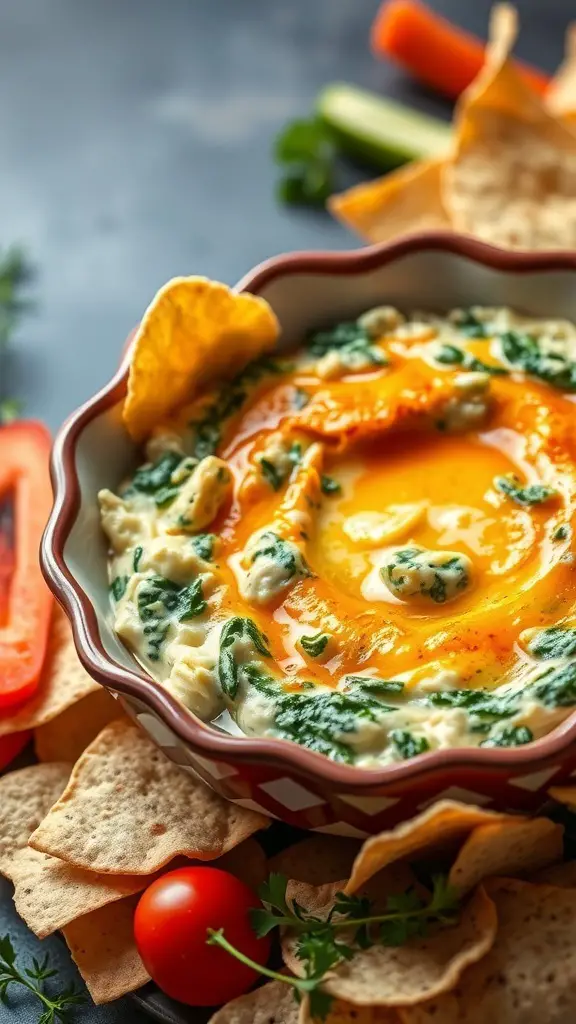 A bowl of cheesy spinach and artichoke dip surrounded by tortilla chips and fresh vegetables.
