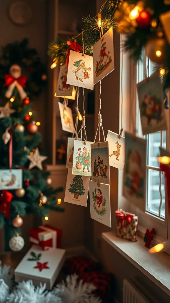 A cozy display of vintage Christmas cards hanging with fairy lights.