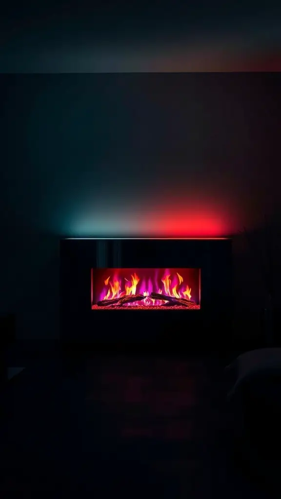 29+ Stylish Electric Fireplace Ideas to Transform Your Home 7 An electric fireplace with color-changing flames in a dark room.