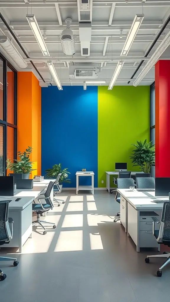 27+ Stunning Wall Paint Designs to Transform Your Space 15 A modern office space featuring bold color blocks in orange, blue, and green.