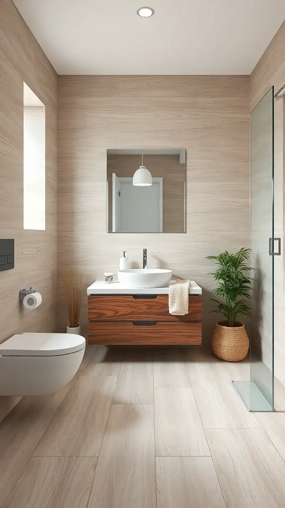 29+ Stunning Bathroom Flooring Ideas to Transform Your Space 6 Modern bathroom with water-resistant vinyl planks, featuring a wooden vanity and a plant.