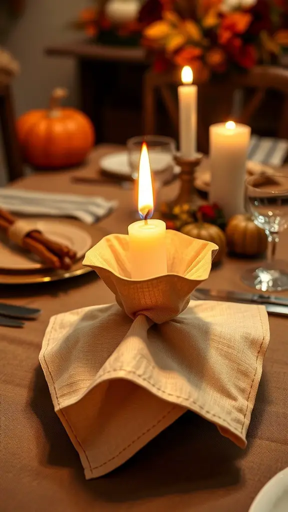 A candle holder napkin fold with a lit candle on a Thanksgiving table