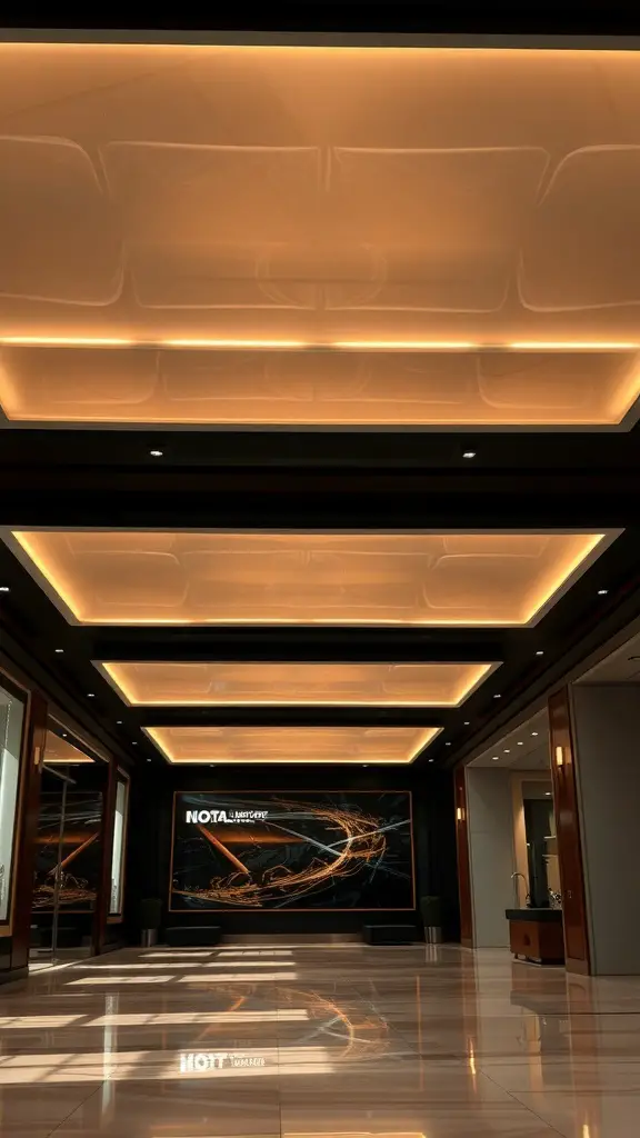 27+ Creative Ceiling Decoration Ideas for Every Room 11 A modern interior with illuminated ceiling panels creating a warm atmosphere.