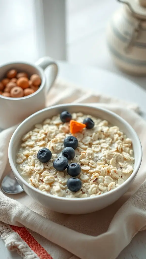 23+ Creative Christmas Breakfast Ideas That Kids Will Love 5 A bowl of oatmeal decorated to look like a snowman, with blueberries and an orange piece for the nose.