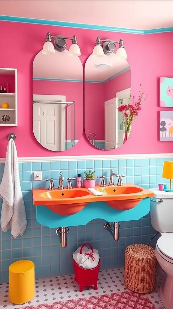 23+ Stylish Bathroom Double Sink Ideas to Enhance Your Space 5 A colorful bathroom featuring a double sink with orange basins and blue cabinetry against a pink wall.