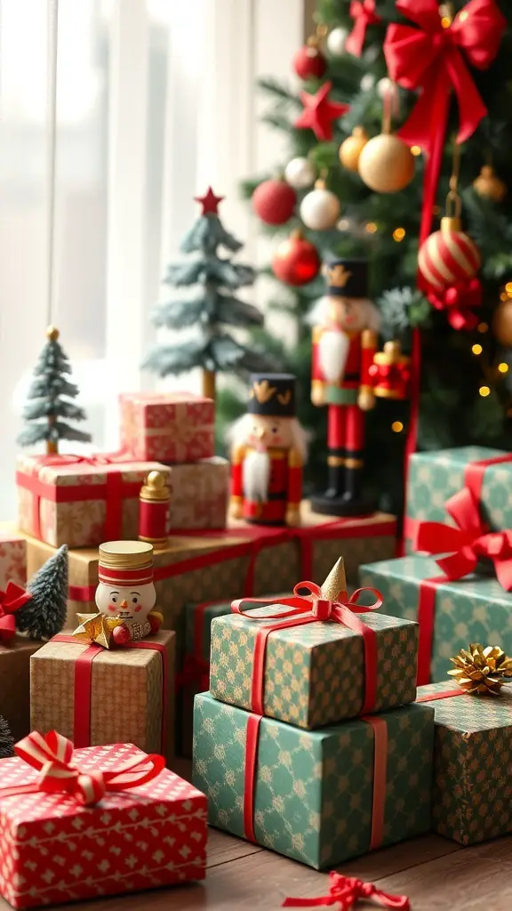 25+ Magical Nutcracker Christmas Decorations You Need This Holiday Season 13 A festive display of wrapped gifts and nutcracker decorations near a Christmas tree.