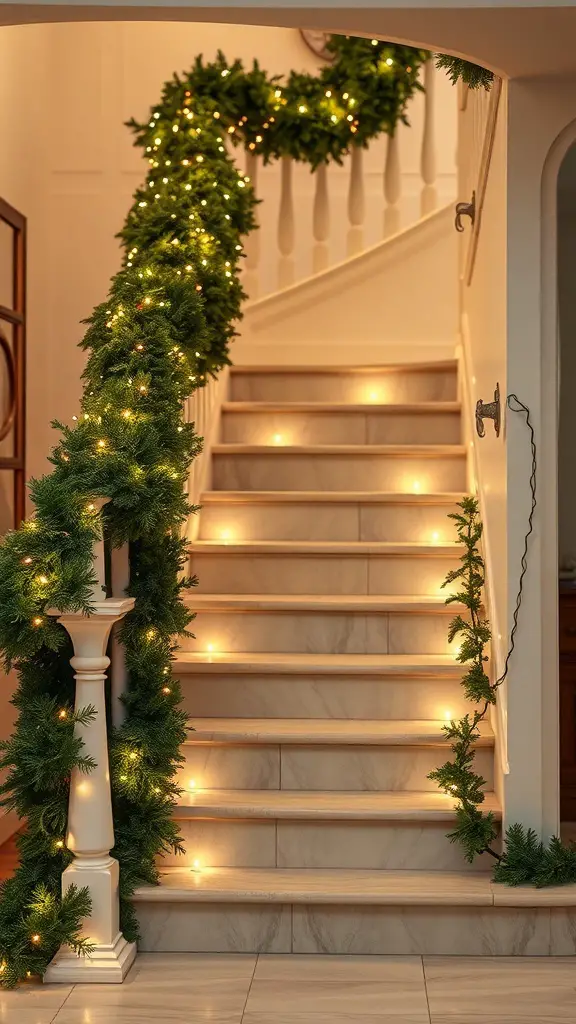 25+ Creative Christmas Staircase Decor Ideas to Transform Your Home 3 A staircase decorated with a green garland and twinkling lights.