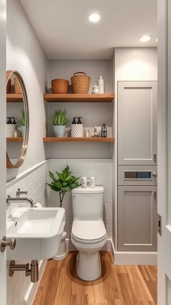 29+ Stunning Guest Bathroom Ideas to Elevate Your Space 9 A stylish guest bathroom with open shelves, decorative baskets, and a compact sink.