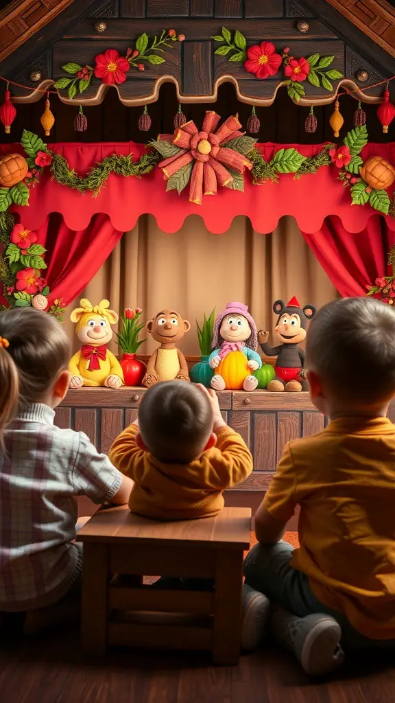 Children watching a colorful harvest-themed puppet show with cheerful puppets on stage.