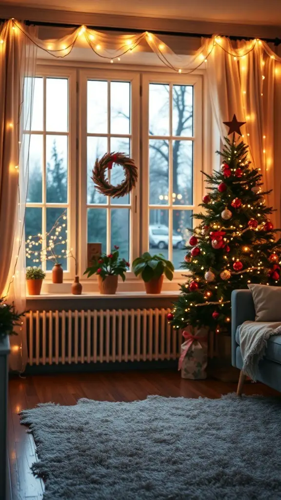 25+ Creative Christmas Decor Ideas for Your Living Room 6 A cozy living room decorated with fairy lights, a Christmas tree, and a wreath on the window.