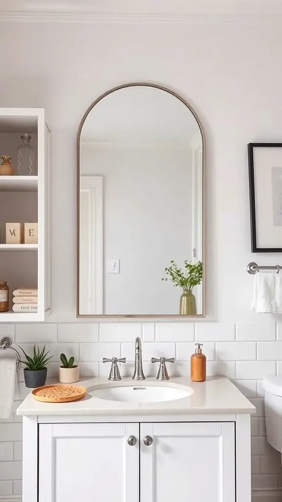 A bathroom featuring an arched mirror above a sink, complemented by open shelving with decorative items and plants.