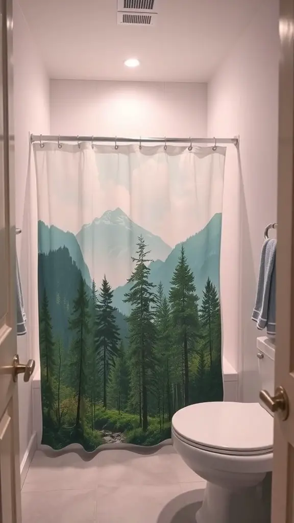 Shower curtain with a serene nature theme featuring mountains and trees.