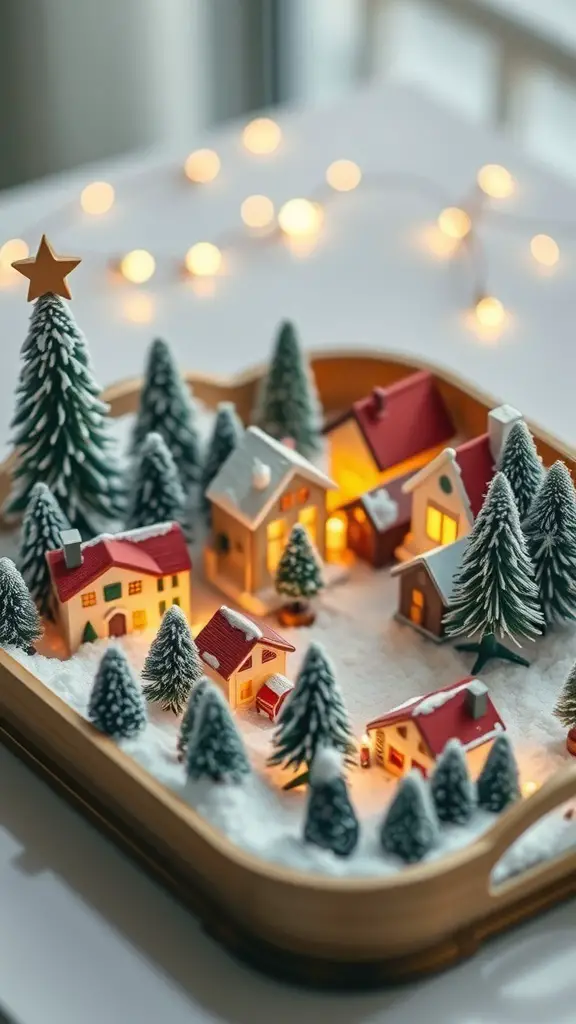 A charming Christmas village scene displayed on a tray with miniature houses, trees, and lights.