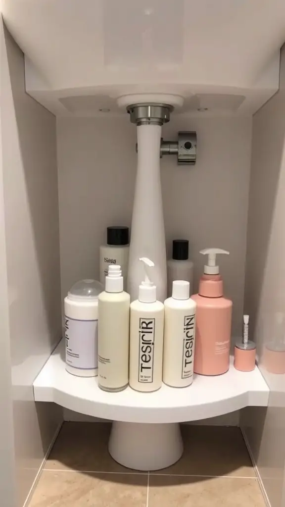 29+ Creative Bathroom Under Sink Organization Ideas You Need to Try 11 A rotating organizer under a bathroom sink holding various bottles and containers.